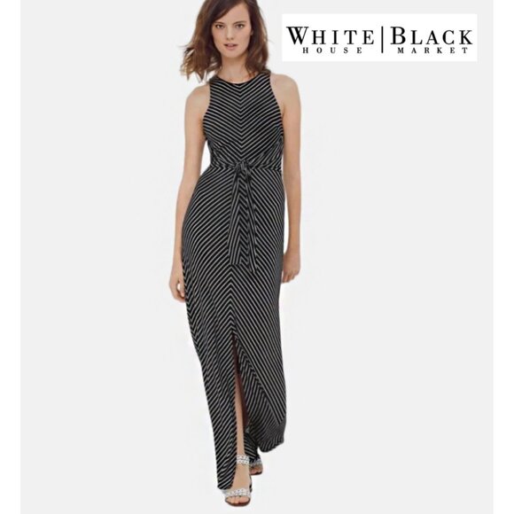 White House Black Market Tie Front BW Chevron Striped Sleeveless Maxi Dress XS - Picture 1 of 16